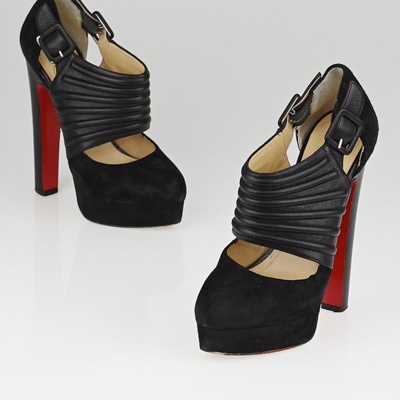 CHRISTIAN LOUBOUTIN Black Leather Suede Bye Bye Cutout Ankle Boots - Picture 2 of 11